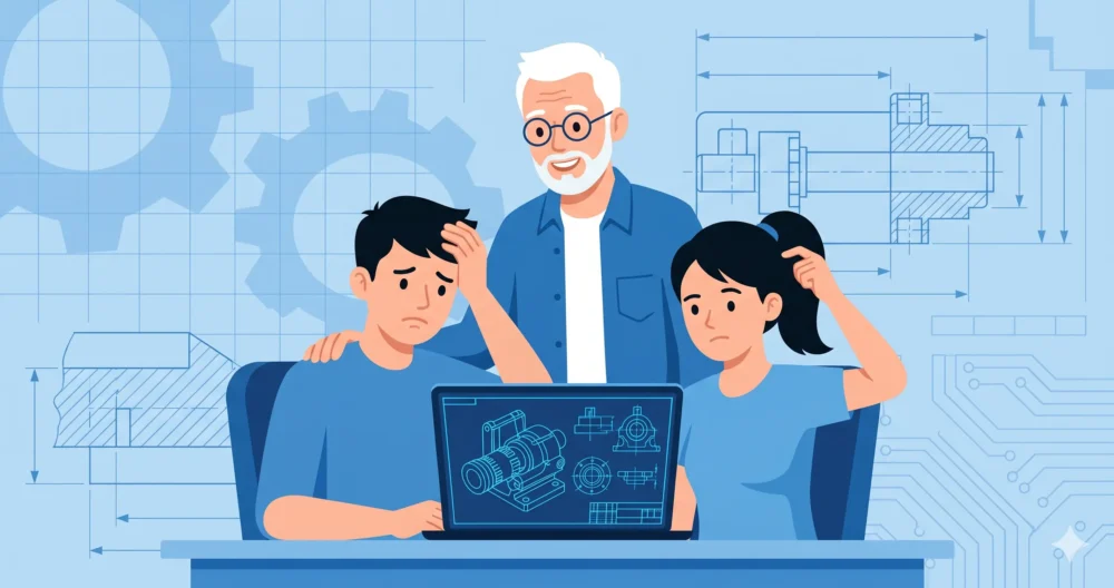 Fusion360のアセンブリ設計がうまくいかずパソコンの前で頭を抱える若手設計者と、寄り添うベテラン設計者のイラスト
