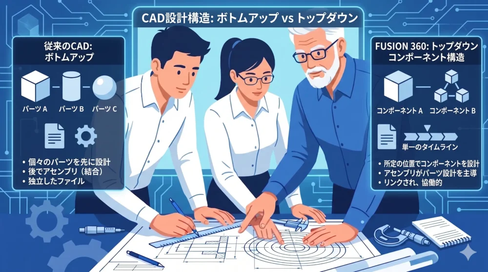 従来のCADとFusion360のトップダウン設計の違いをホワイトボードで図解して教えるベテラン設計者