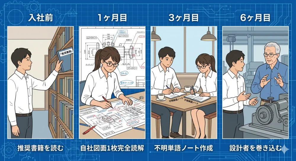 入社前から6ヶ月目までの、具体的な機械工学学習アクションプラン（書籍読解、自社図面、単語ノート、設計者を巻き込む）の時系列図解。