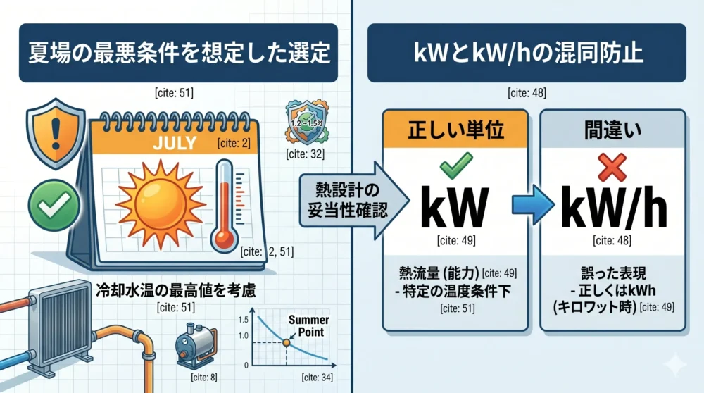 熱設計における注意点（kWとkWhの混同防止、夏場の最高水温を想定した最悪条件での選定）を警告するマークとともに描いたイラスト。