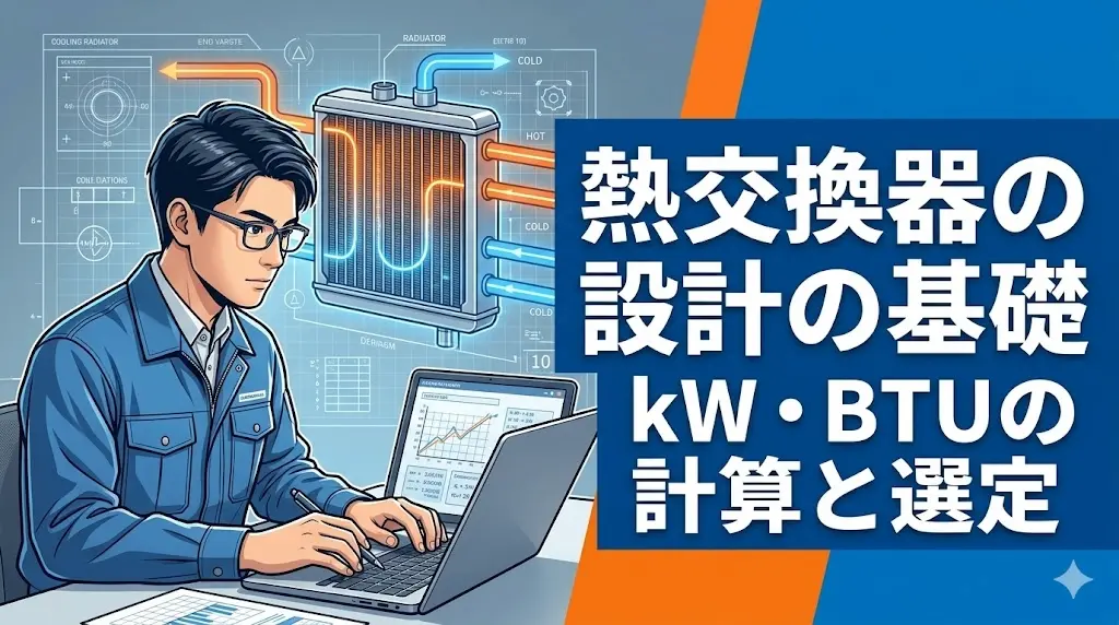 ブログ記事「熱交換器の設計の基礎：kW・BTUを理解する」のアイキャッチ画像。ラジエーターの図面を前に悩む若手エンジニアと、大きく読みやすい日本語のタイトル文字。