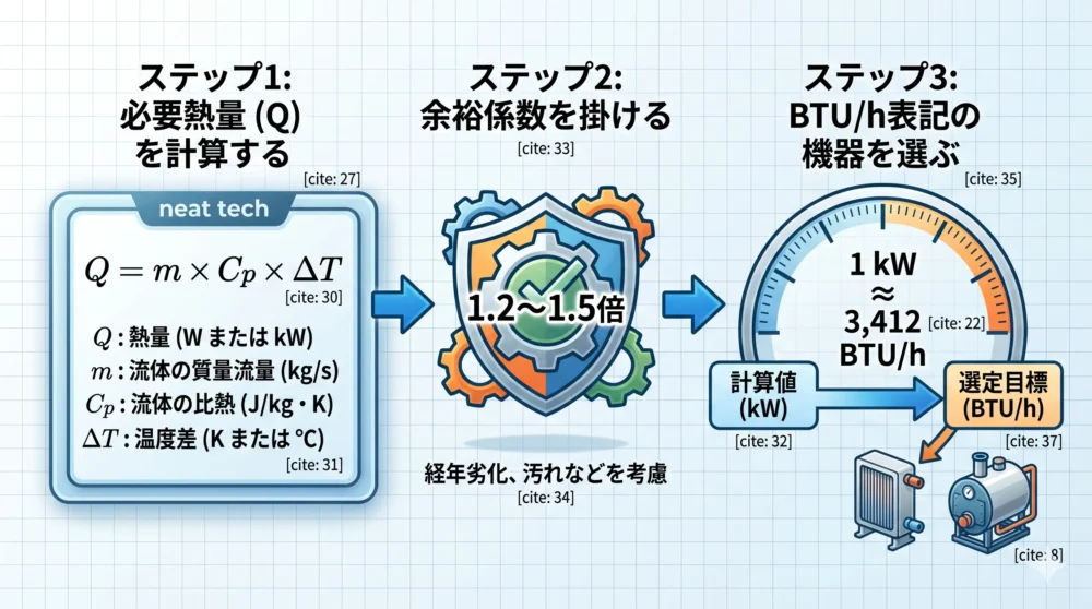 熱交換器選定の3ステップ（熱量計算 $Q = m \times Cp \times \Delta T$、余裕係数、BTU換算）を分かりやすく表現した図解風イラスト。