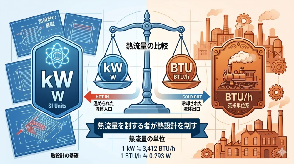 熱量のふたつの単位系（SI単位系のkWと英米単位系のBTU）が混在して混乱している様子を表現した分かりやすい概念図・イラスト。