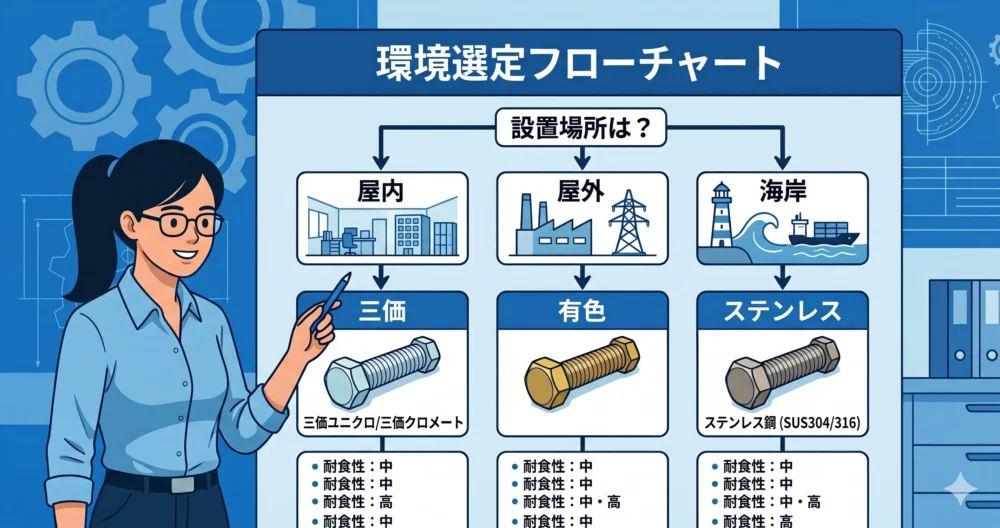 使用環境（屋内・屋外・海岸）に合わせて最適なねじの表面処理を選ぶ基準の図解。