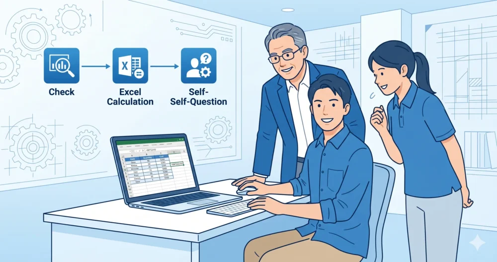 パソコンのExcel画面で多桁計算を行い、最後に数値を丸める習慣（有効数字の3ステップ）を実践して笑顔を見せる若手設計者のイラスト。