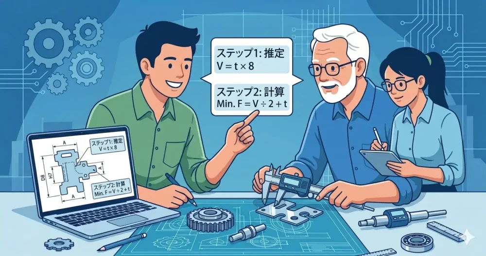 ベテランエンジニアの指導のもと、板金曲げ加工の最小フランジ寸法をステップごとに計算する若いエンジニアたち