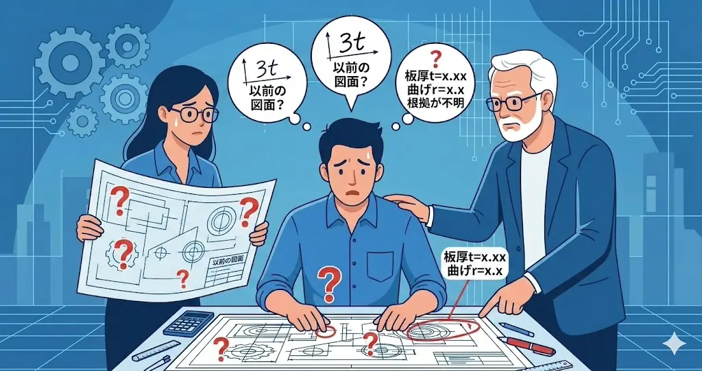 板金設計で曖昧な基準で寸法を決める初心者エンジニアと、それを指摘するベテランエンジニアのイラスト