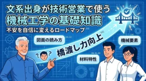 「文系出身が技術営業で使う機械工学の基礎知識」というタイトルと、自信満々の文系営業とエンジニアのイラスト。