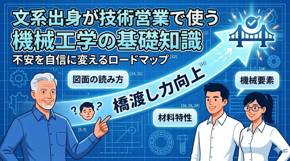 「文系出身が技術営業で使う機械工学の基礎知識」というタイトルと、自信満々の文系営業とエンジニアのイラスト。