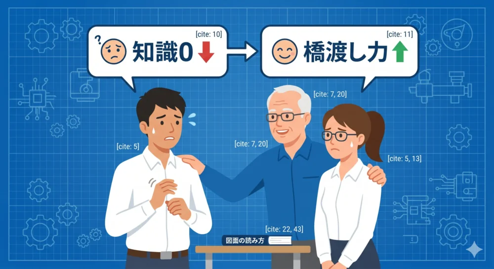 ベテランエンジニア（Cさん）に励まされ、「知識ゼロ」から「架け橋力」への成長を確信する若い文系営業（Aさん、Bさん）。