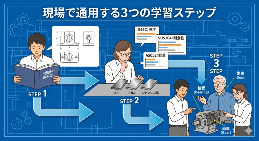 技術営業が現場で通用するために必要な3つの学習ステップ（図面、主要材料、機械要素）を学ぶロードマップ図解。