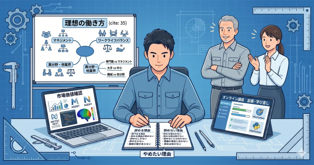 辞める前にやるべき4つの解決策を実行する30代機械設計者。紙への整理、市場価値確認、働き方の言語化、副業・学び直しを示すアイコンと、彼を導くベテランエンジニア。