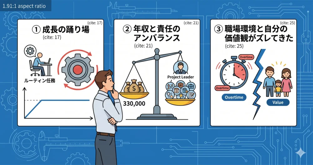 30代機械設計者が仕事を辞めたいと感じる3つの主な原因（成長の踊り場、年収と責任のアンバランス、職場環境と価値観のズレ）を、3人のエンジニアが見つめているフラットイラスト。
