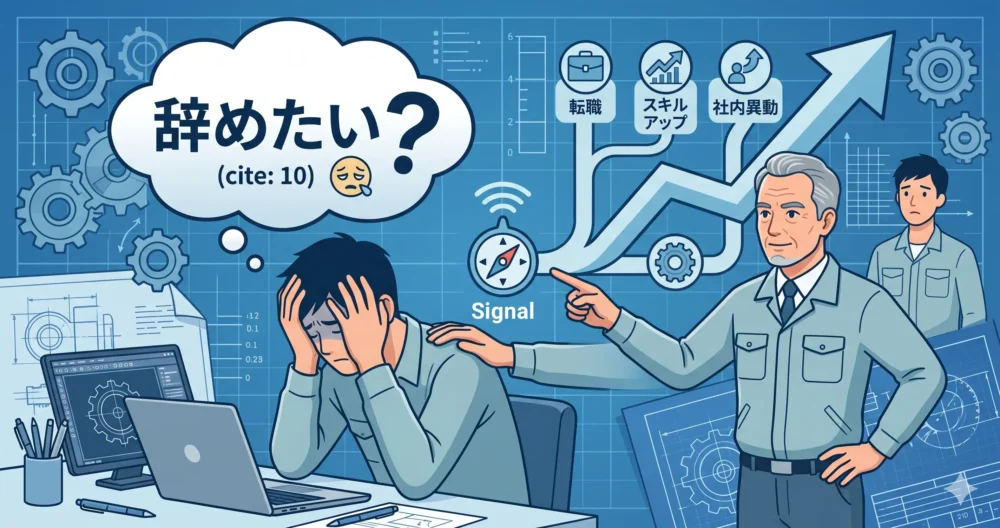悩む30代の機械設計者が「辞めたい」という気持ちを重要なキャリアのシグナルとして捉え、ベテランエンジニアに相談している様子を表現したフラットイラスト。