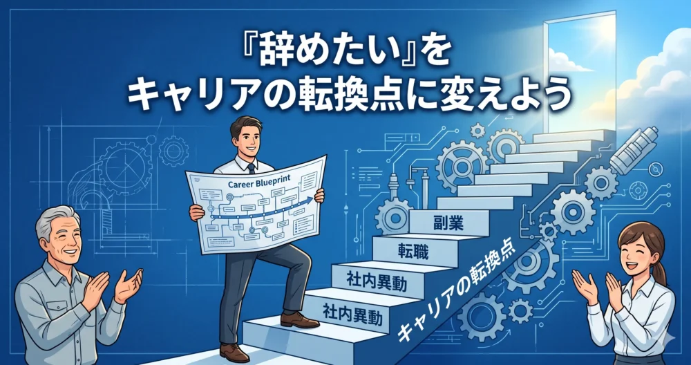 「辞めたい」という気持ちを乗り越えた30代機械設計者が、ベテランエンジニアと女性エンジニアと将来のキャリアの設計図を広げ、自分のキャリアを構造物のように設計している前向きな様子を表現したフラットイラスト。