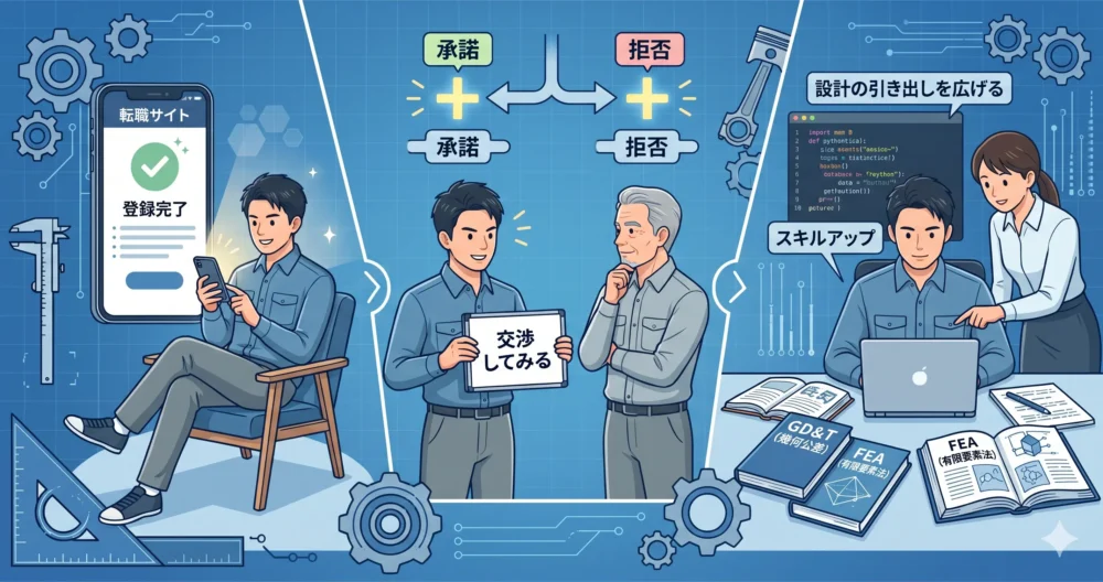 30代機械設計者が今日からできる具体的な3つのアクション。転職サイトへの登録、会社との交渉、設計スキルの学習（FEA, GD&T, Python）を、3人のエンジニアが実行している様子を表現したフラットイラスト。
