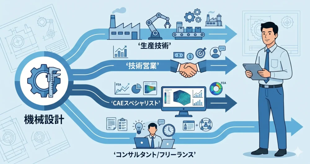 機械設計の経験から生産技術、技術営業、CAE、フリーランスへと広がる多様なキャリアパスのロードマップ図解