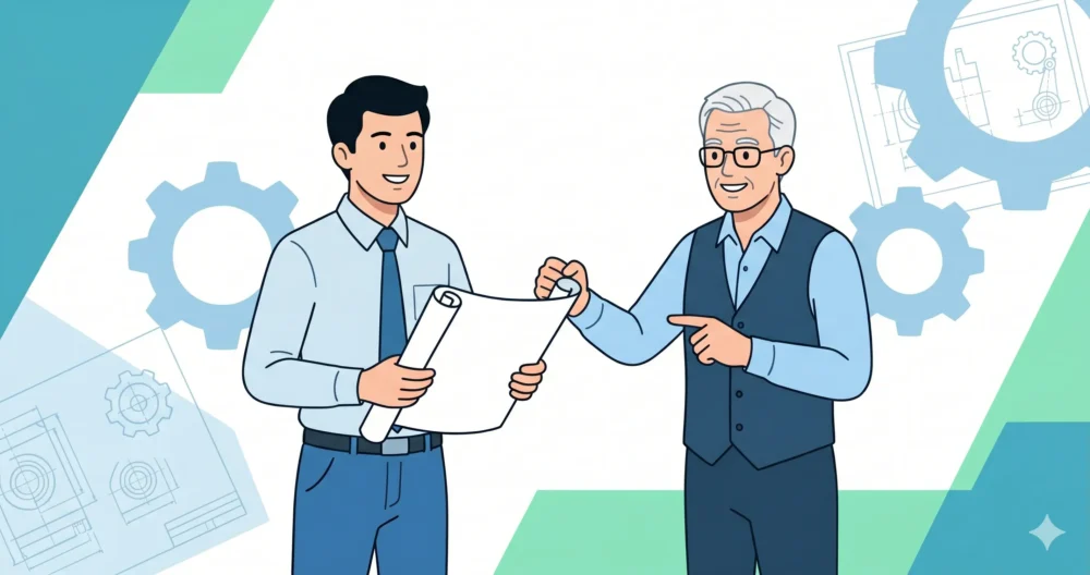 自分のスキルに自信を持ち、笑顔で一歩を踏み出す30代の機械設計者とキャリアアドバイザーのイラスト