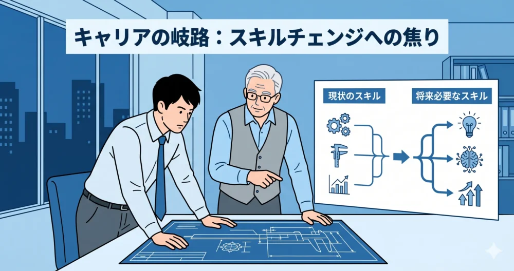 将来のキャリアやスキルの壁について、図面を前に真剣に話し合う30代エンジニアとベテランエンジニアの図解イラスト