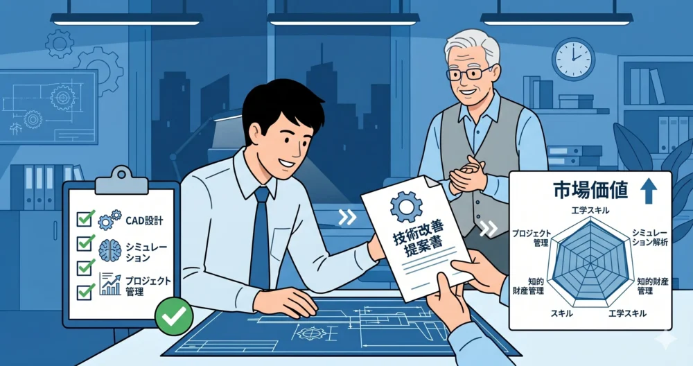 辞める前に試すべき3つの行動（スキル棚卸し、職場での提案、市場価値の把握）を前向きに実践するエンジニアのイラスト