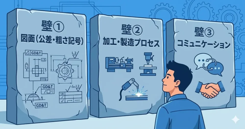 機械設計の新人が直面する3つの壁（図面、加工、コミュニケーション）を示す図解。