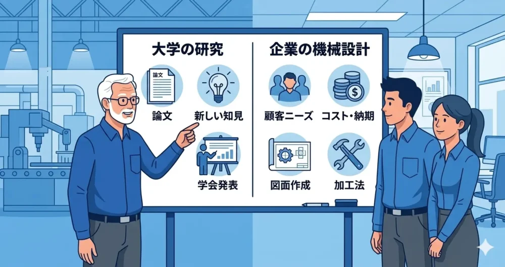 大学の研究と企業の機械設計の違いを比較するベテランエンジニアと若手設計者。