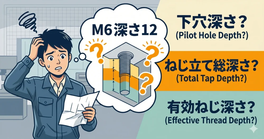 図面に「M6深12」とだけ書かれており、どの深さを指しているのか分からず、製造現場の加工者が頭を抱えて困惑している様子を描いたイラスト。