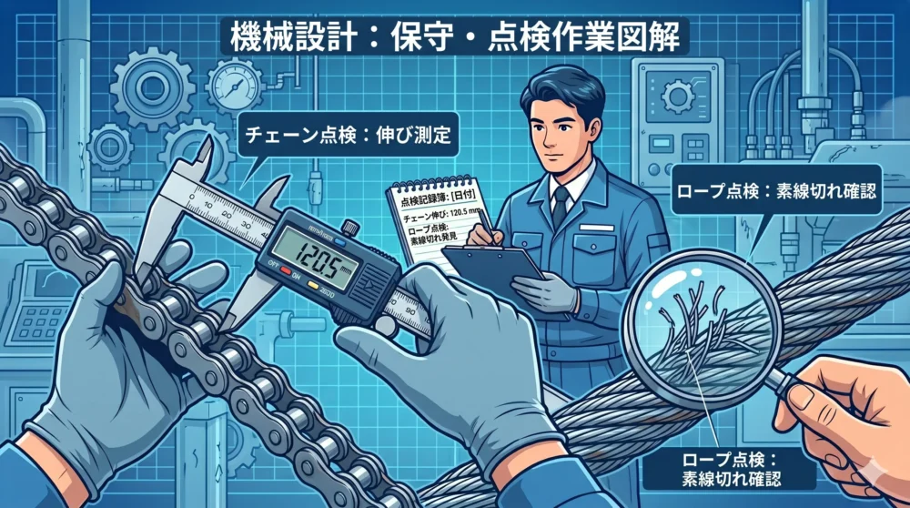 チェーンの伸び測定やワイヤーロープの素線切れ点検など、機械設計におけるメンテナンスの重要性を示すイラスト。