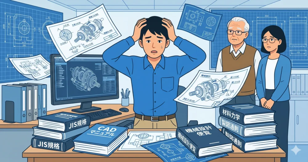 機械設計の情報の多さに戸惑う若手設計者と、それを背景から心配そうに見守るベテランエンジニア。image_1.pngのテイストに合わせたイラスト。