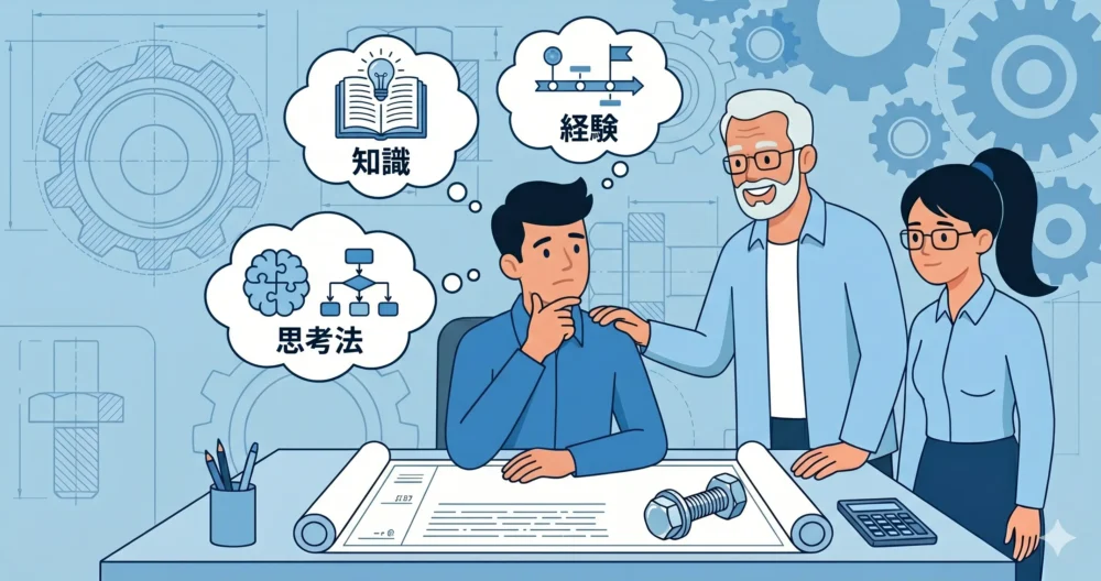 機械設計の基礎知識や現場での経験など、キャリアプランの悩みを相談する若手エンジニア