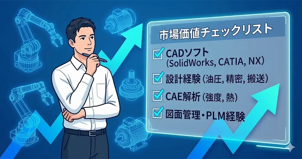 自身のスキルや市場価値をチェックリストで客観的に整理する機械設計者の図解イラスト