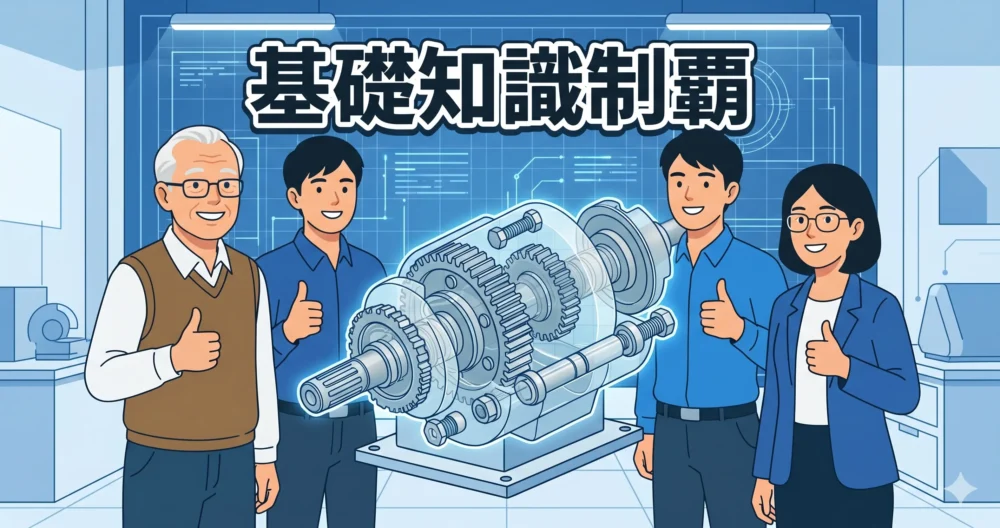 完成した装置を前に、自信を持って笑顔でガッツポーズをするエンジニアチームのイラスト。