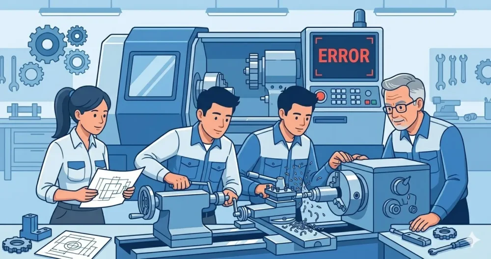 NC旋盤の液晶画面にエラーが表示されて止まっている横で、汎用旋盤を動かして緊急生産を行い納期を守るチームのイラスト