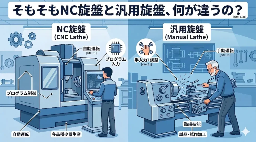 NC旋盤と汎用旋盤の比較図解。左側に「NC旋盤（CNC Lathe）」、右側に「汎用旋盤（Manual Lathe）」を配置し、それぞれの特徴である「自動運転」「プログラム制御」「多品種少量生産」「熟練技能」「手動運転」「単品・試作加工」を日本語ラベルとイラストで説明する。機械設計と製造现场の知識を伝えるプロフェッショナルなフラットベクトルイラスト。