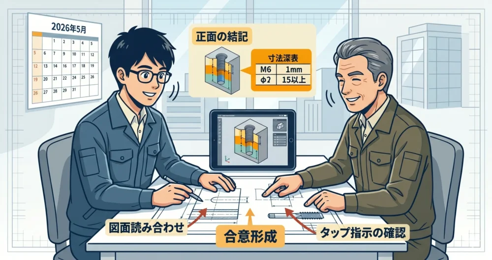 初めて取引する外注加工業者と、図面を見ながら事前にタップ加工の解釈ルールをすり合わせ（読み合わせミーティング）している様子を描いたイラスト。