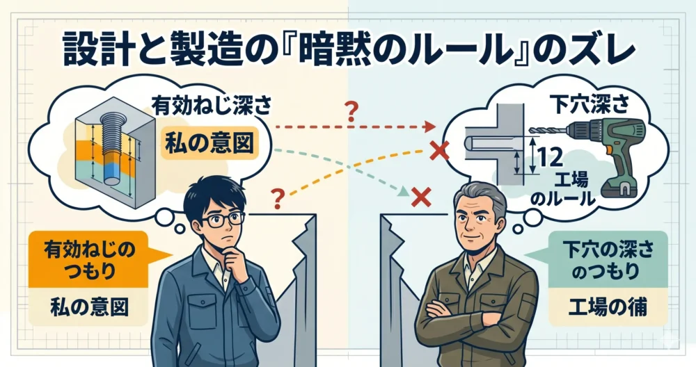 設計者側の「有効ねじ深さのつもり」という意図と、外注加工業者側の「下穴深さのつもり」という独自の暗黙のルールがすれ違っている様子を表現した概念イラスト。