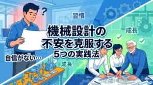 機械設計の不安を克服する5つの実践法を解説するブログ記事のアイキャッチ画像。不安な新人から自信を持つチームへの成長を描く。