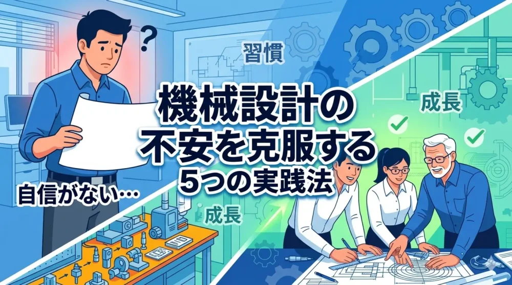 機械設計の不安を克服する5つの実践法を解説するブログ記事のアイキャッチ画像。不安な新人から自信を持つチームへの成長を描く。