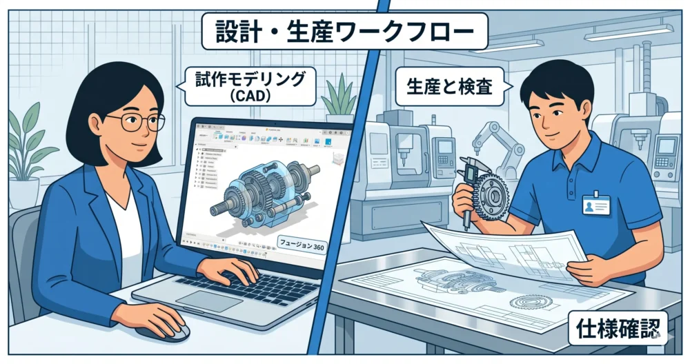 CADの練習をする若手女性設計者と、現場で実物を手に取る若手男性設計者の分割イラスト。image_1.pngのテイスト。