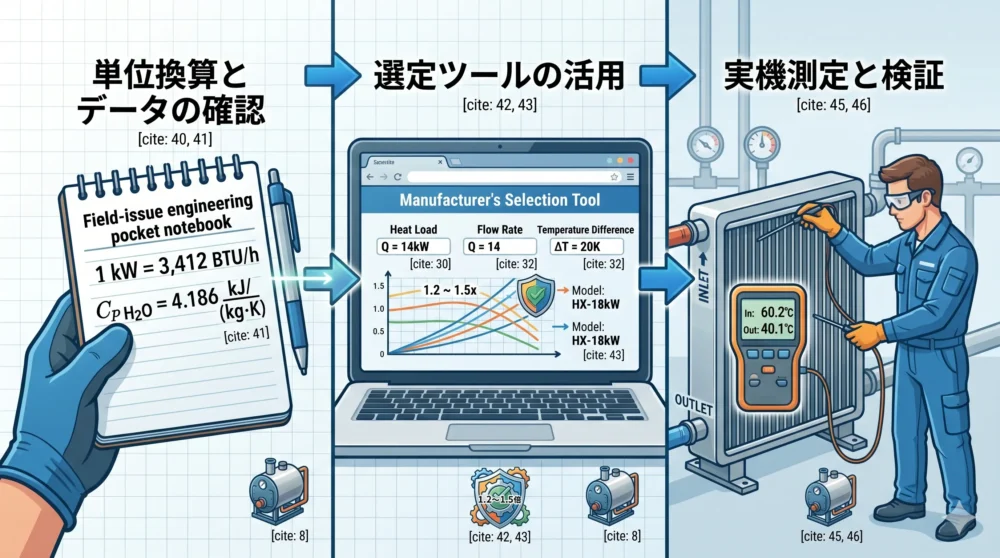 手帳の単位換算表を確認したり、メーカーのWeb選定ツールを使ったり、現場の実機温度を計測するアクティブなエンジニアのイラスト。