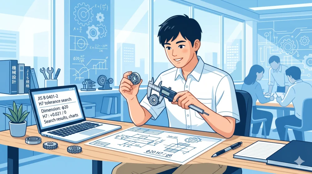 実際の図面や機械部品、JIS規格表を使って公差設計を実践的に学ぶ若い男性設計者
