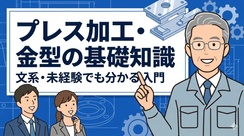 ブログ記事「プレス加工・金型の基礎知識｜文系・未経験でも分かる入門」のアイキャッチ画像。笑顔のベテラン技術者と納得する若い男女社員のイラスト。