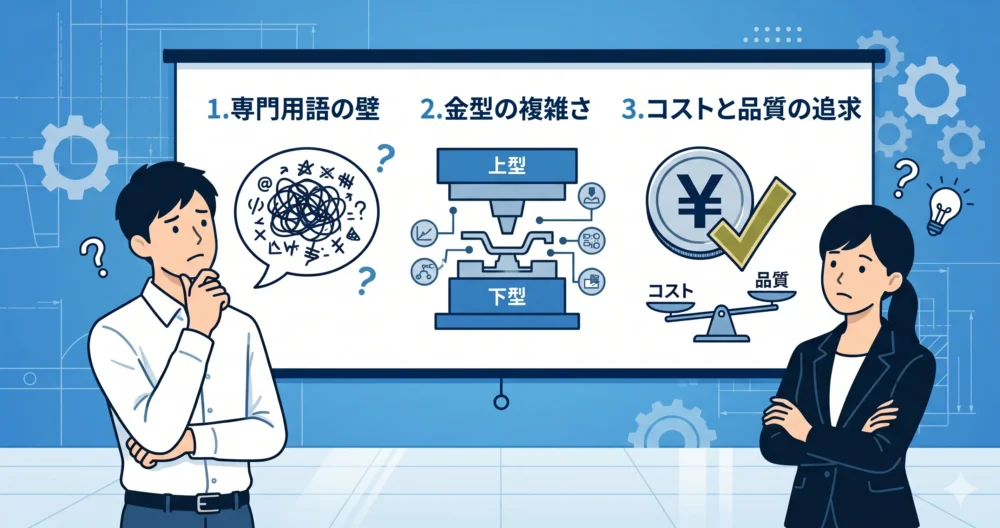 プレス加工の学習で文系未経験者がつまずく3つの原因（専門用語・金型・コスト品質）を前に考える男女社員のイラスト