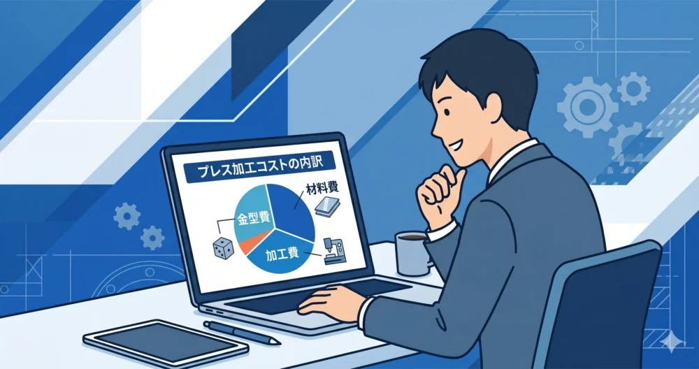 プレス加工のコストを決定する3大要因（材料費・金型費・加工費）をパソコン画面で分析する調達担当者のイラスト