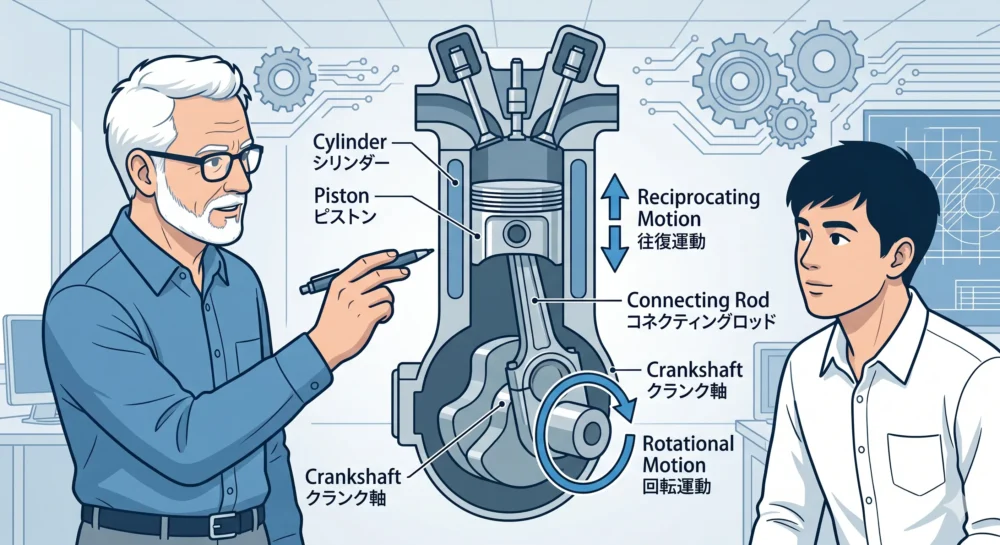 レシプロ機構の仕組み。ピストン、シリンダー、クランク軸などの基本構成要素と、往復直線運動が回転運動に変換される様子を示すイラスト図解 。