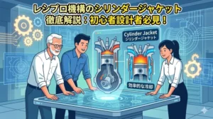 レシプロ機構のシリンダージャケット徹底解説：初心者設計者必見！。エンジン断面図と冷却構造、そして3人のエンジニアが描かれたブログアイキャッチ画像。