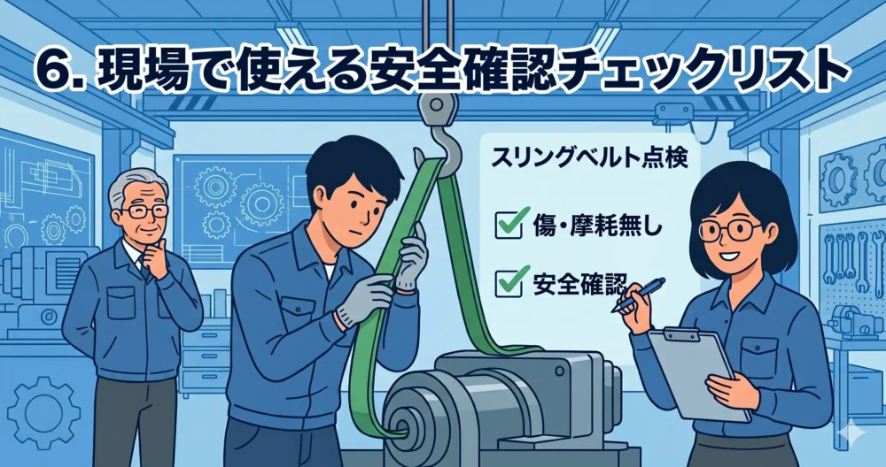 玉掛け作業の前にスリングベルトの傷や摩耗がないかチェックリストを確認する作業員たち