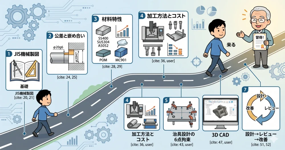 電気系エンジニアが機械設計を習得するための7つのステップ（JIS製図、公差、材料、加工、治具、3D CAD、レビュー）を表現したロードマップ風イラスト。