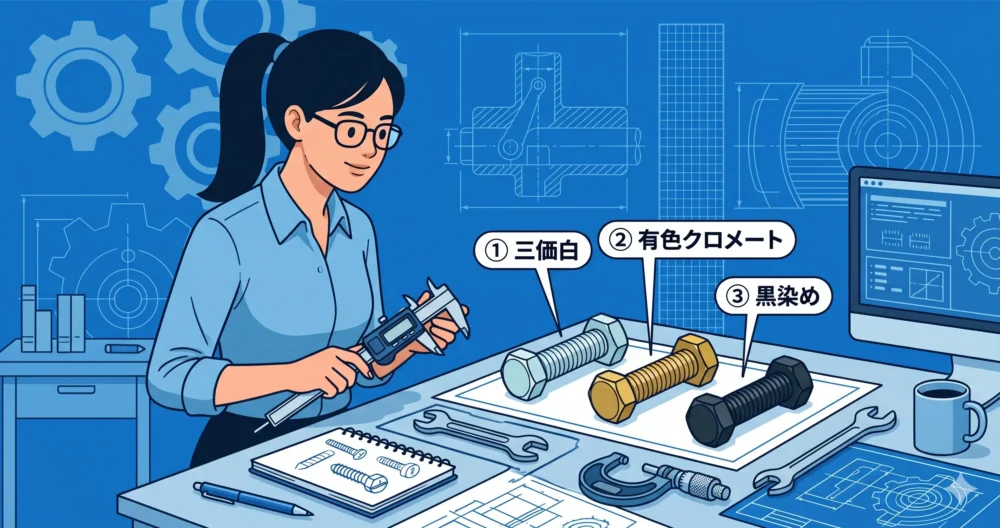 ユニクロ、三価、有色、黒染めなど、ねじ表面処理の代表的な種類を比較するイラスト。