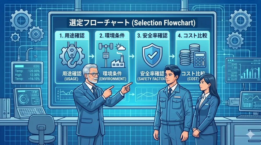 ワイヤーロープとチェーンを正しく選定するための4ステップ（用途、環境、安全率、コスト）のフローチャートを確認する設計チーム。